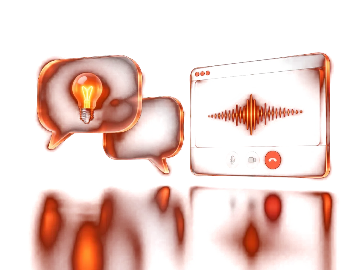 Speech bubbles with a lightbulb beside a video call window