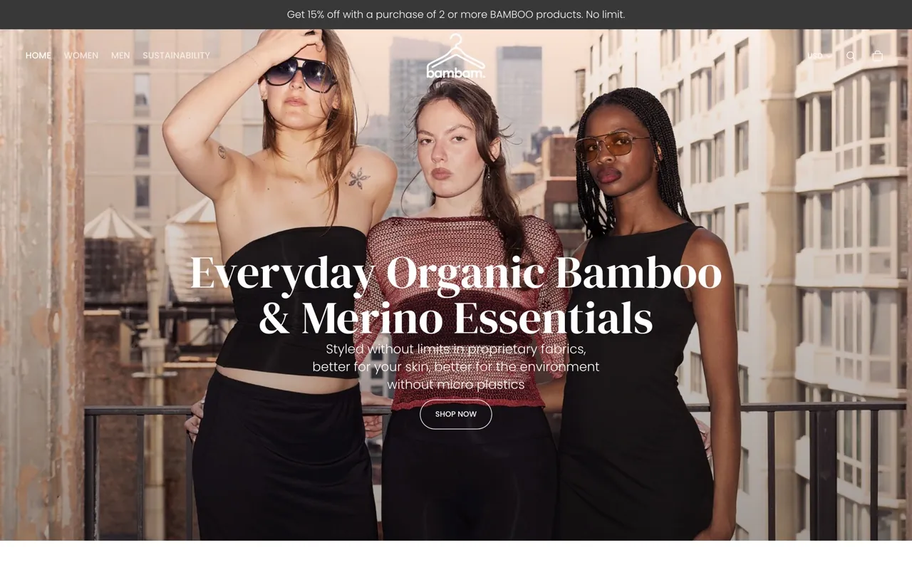 bambam home page headed Everyday Organic Bamboo and Merino Essentials