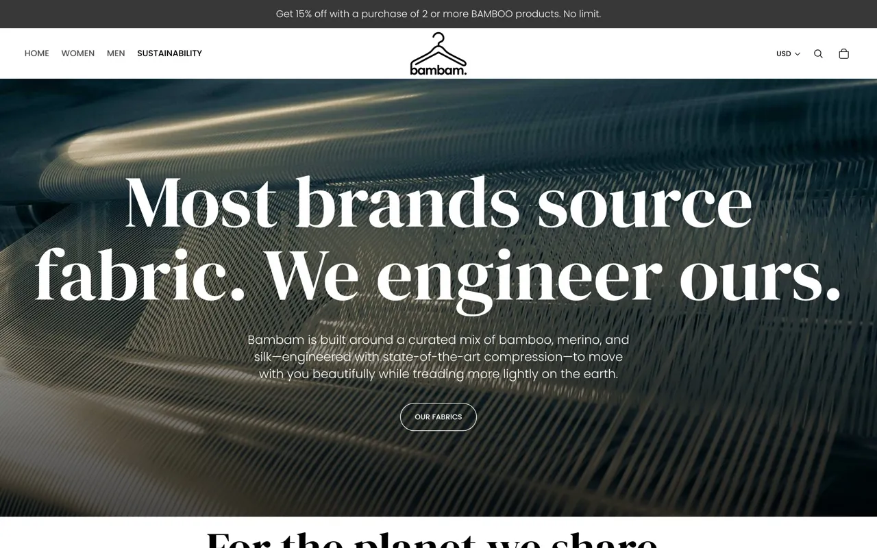 bambam sustainability page on its proprietary fabrics made without micro-plastics