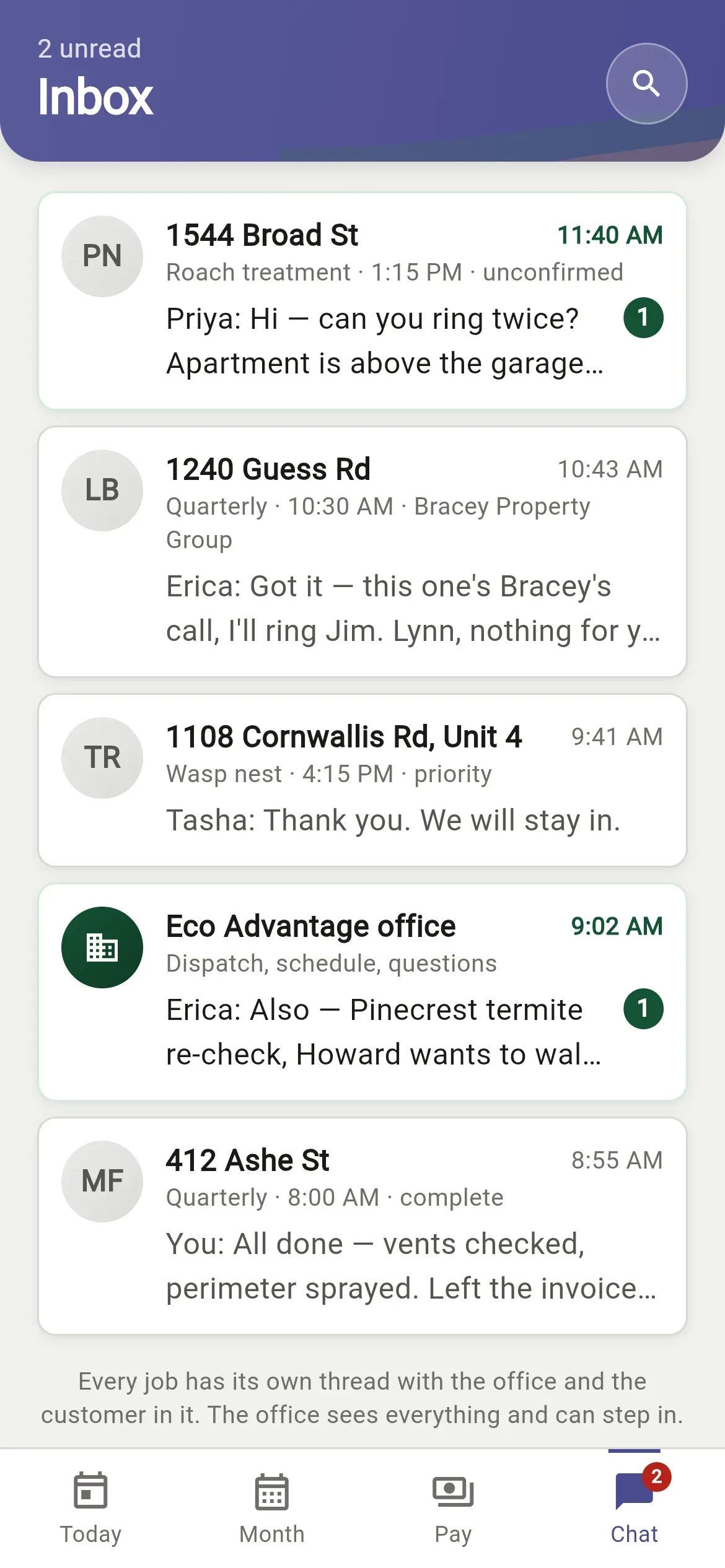Technician inbox with one chat thread per job and an office thread