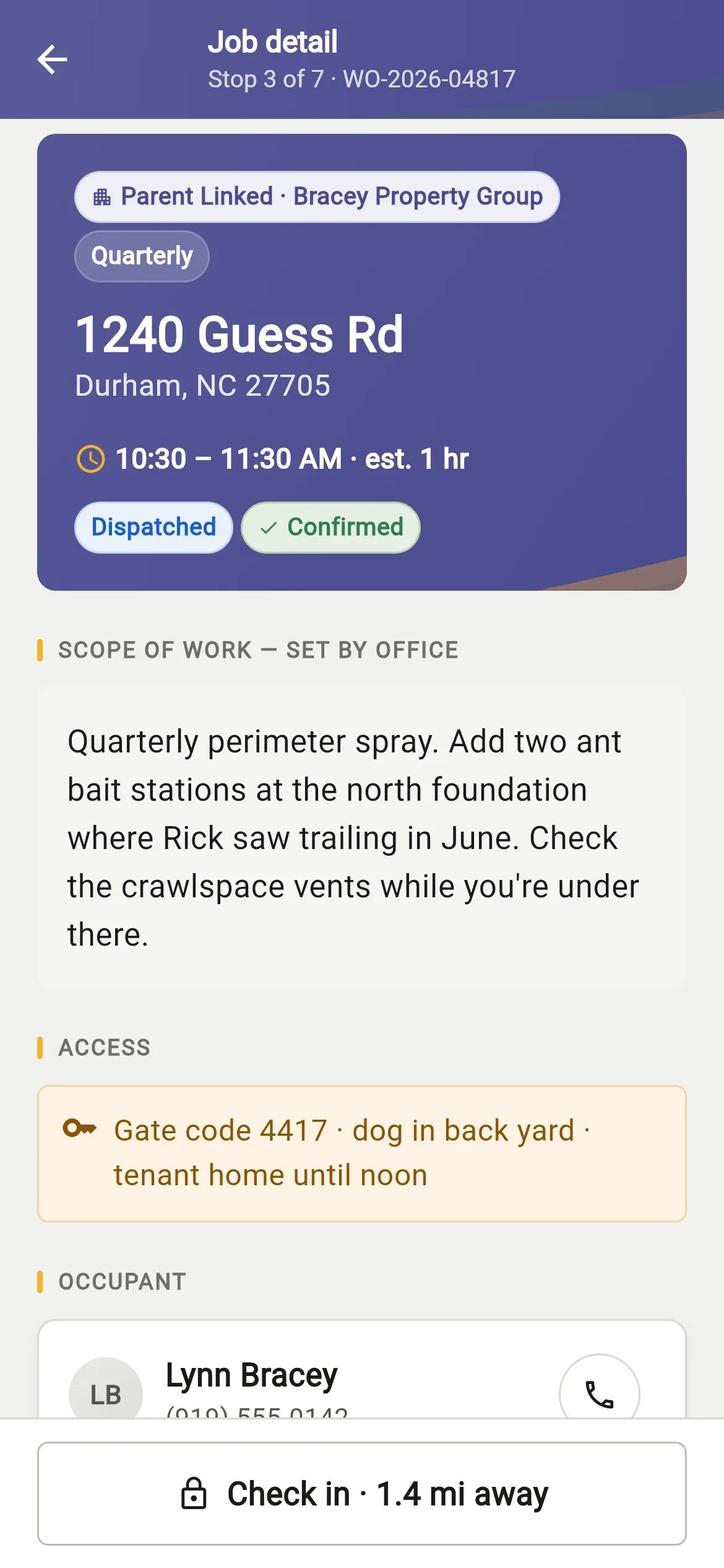Technician job detail with the office-set scope, access note and check-in button