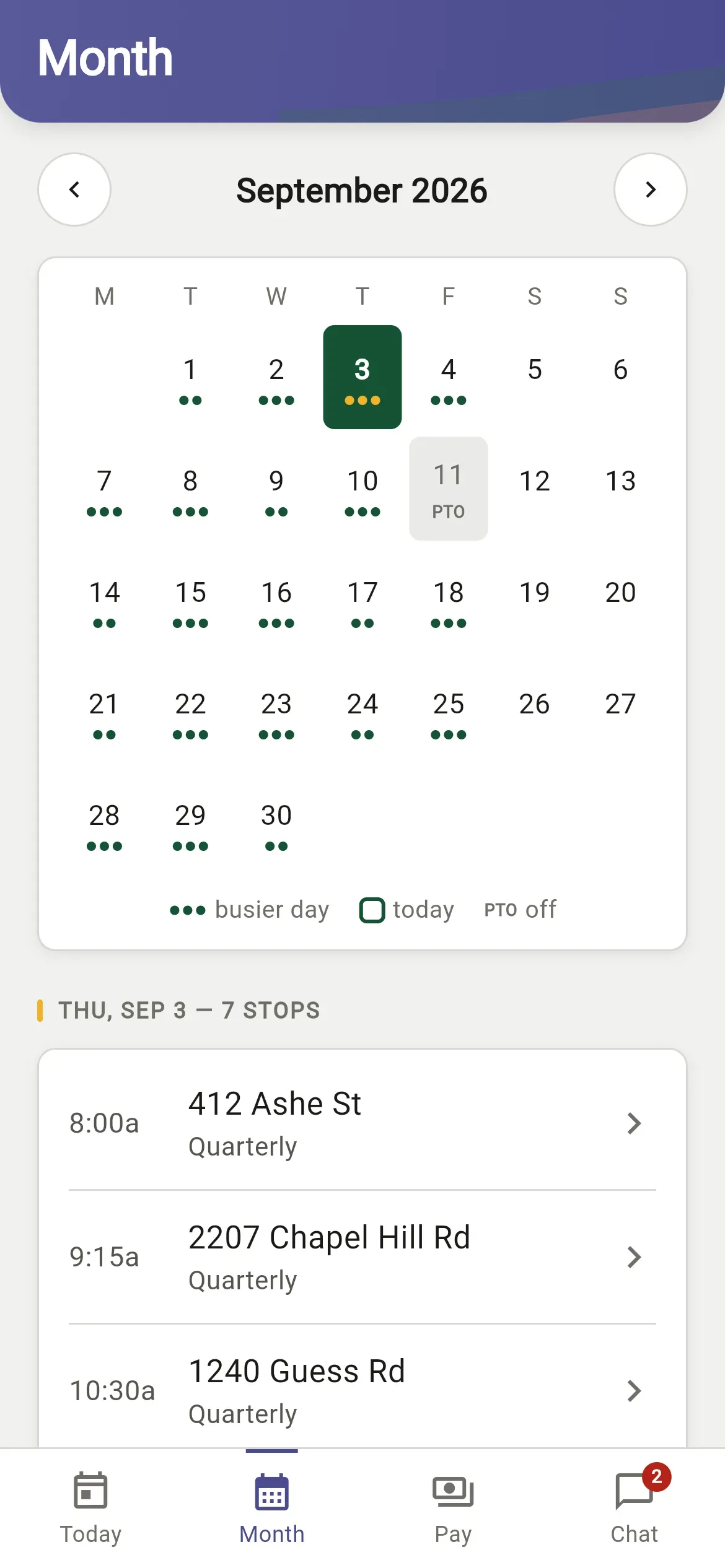 Technician month calendar with busy days and the day's stops