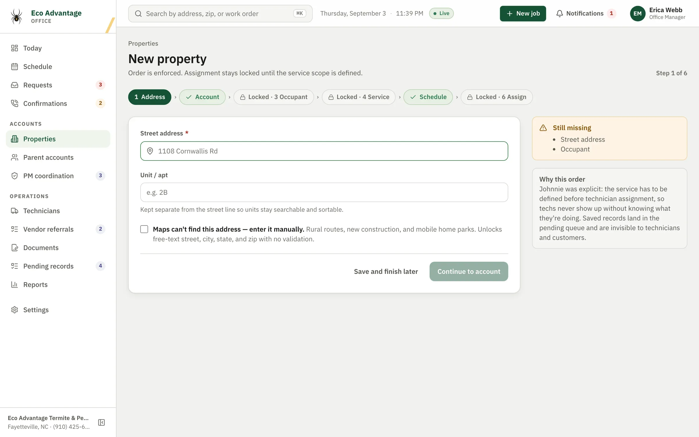 New property flow, step 1 of 6, with later steps locked until the address is set