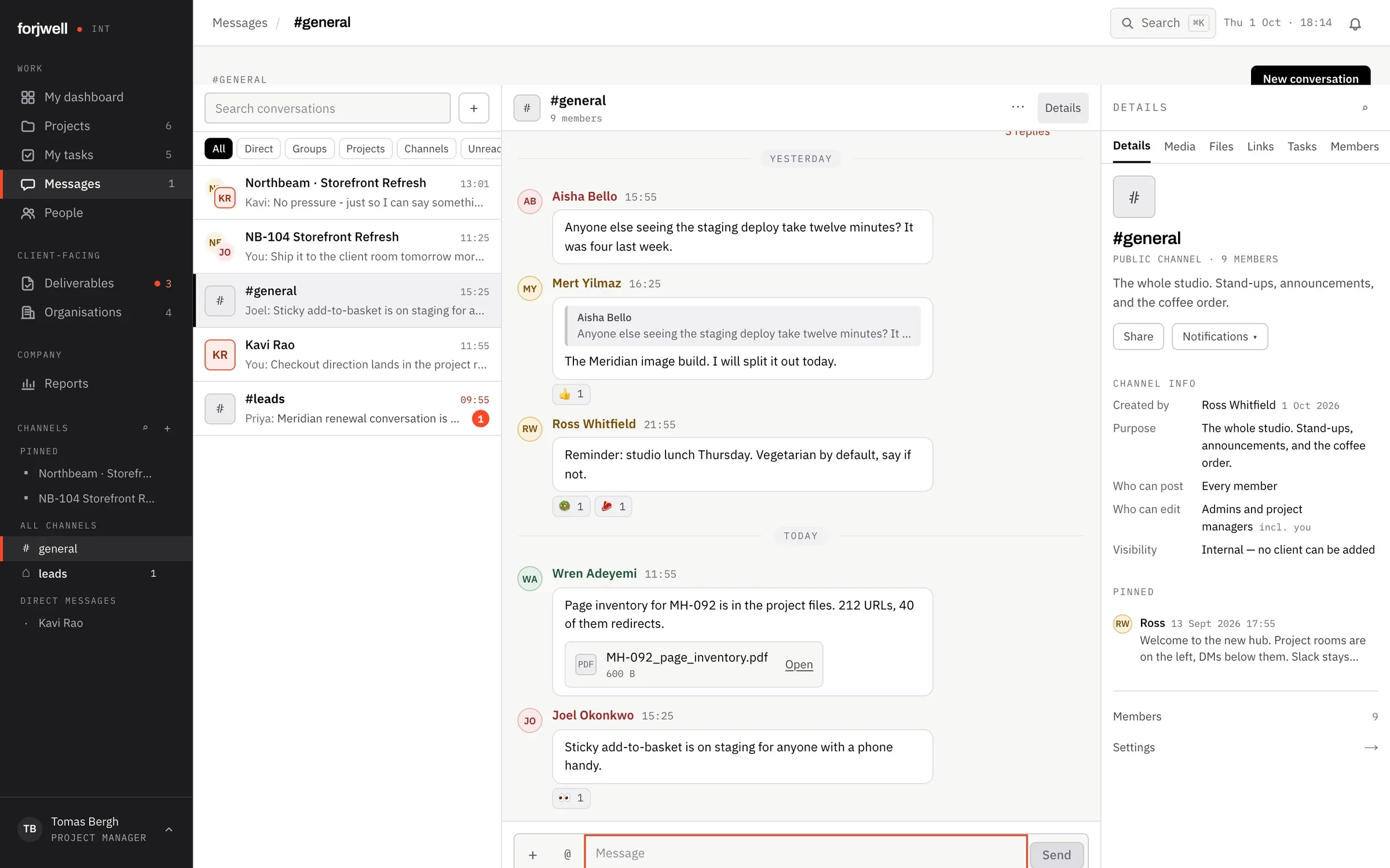 Team messaging channel with replies, reactions and a PDF attachment