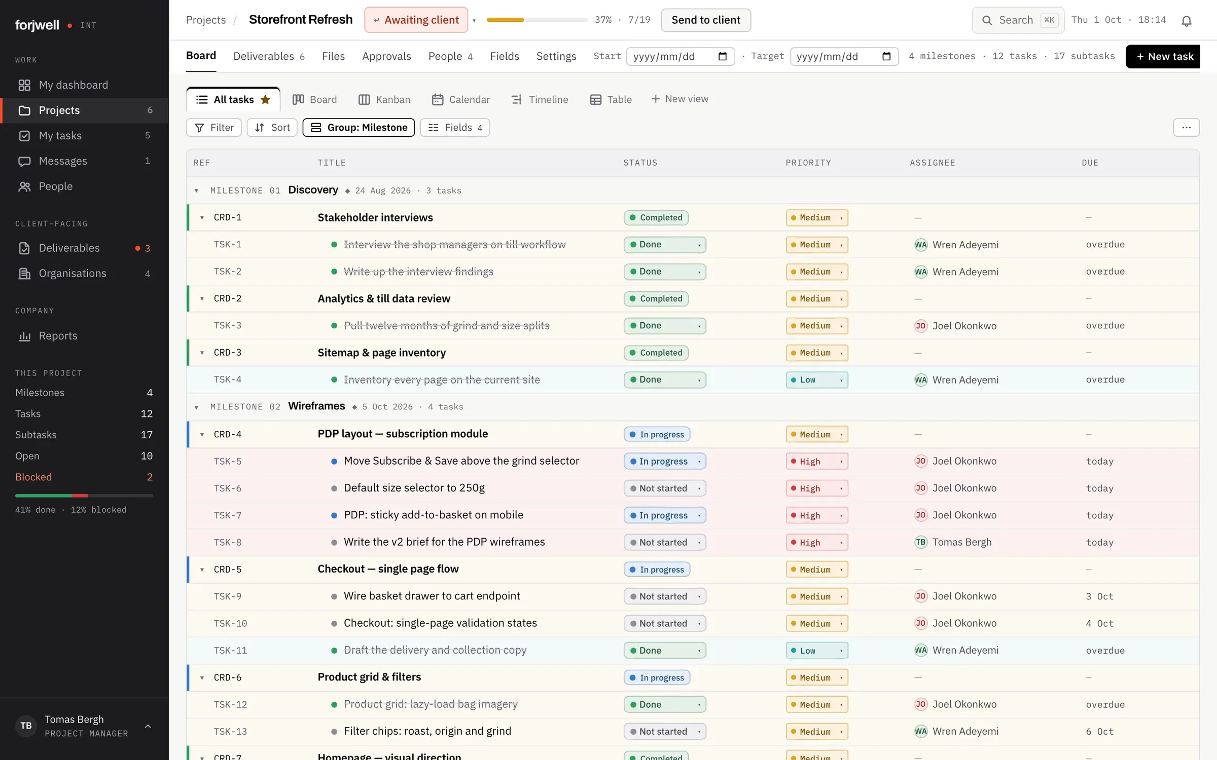 Project task list grouped by milestone with status, priority, assignee and due date