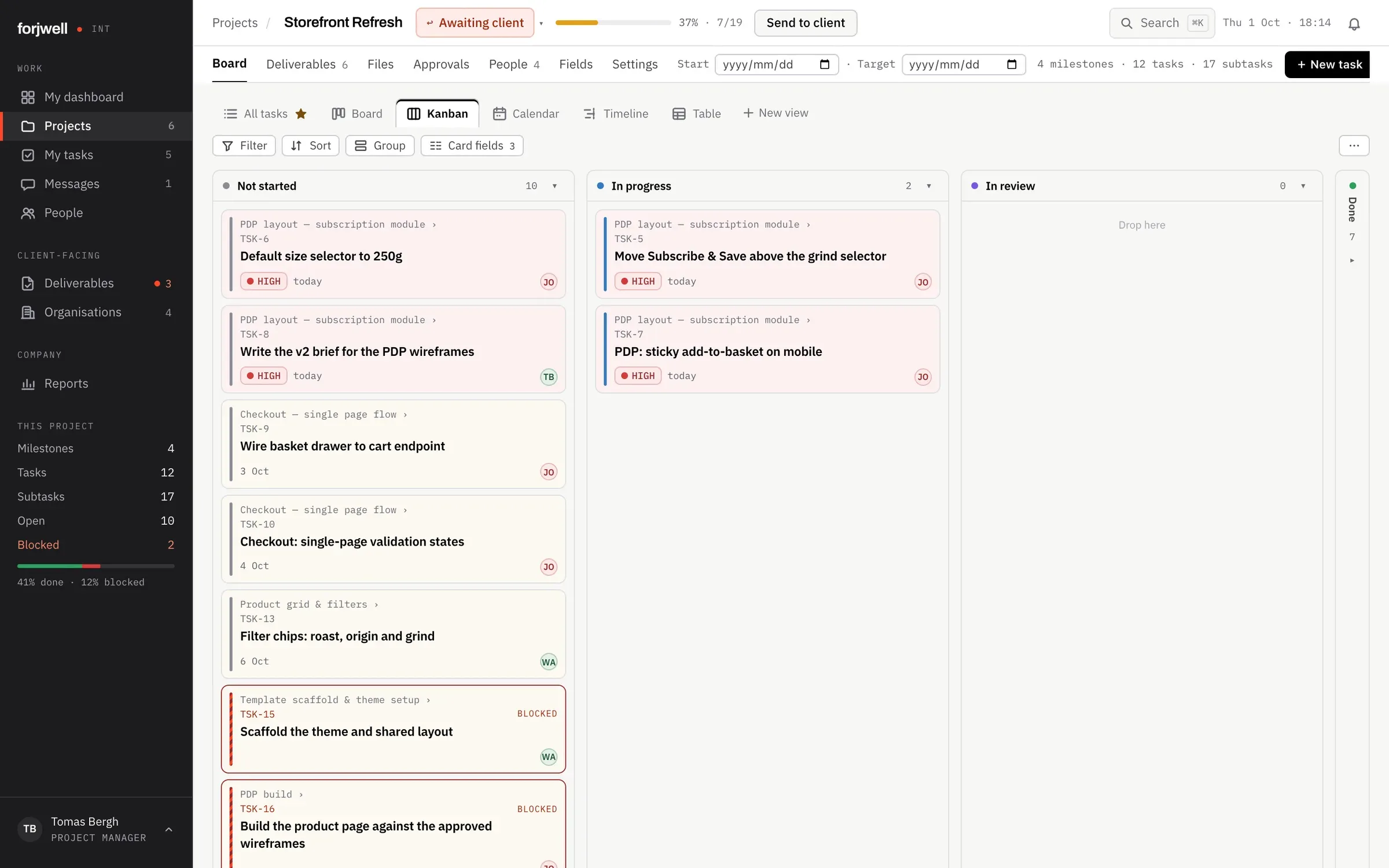Project Kanban board with Not started, In progress, In review and Done columns