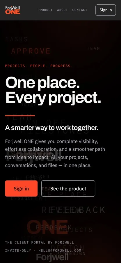 Forjwell One on a phone, with the One place. Every project. hero at mobile width