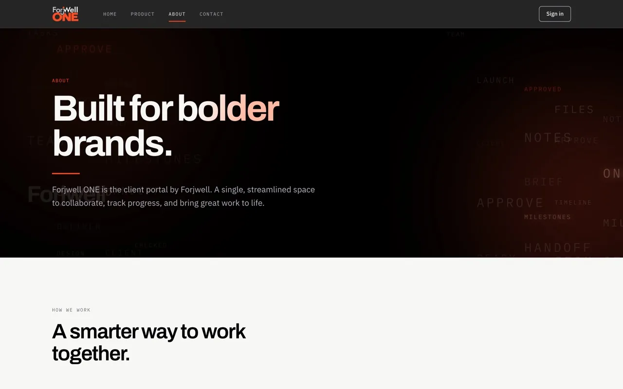 Forjwell One about page headed Built for bolder brands