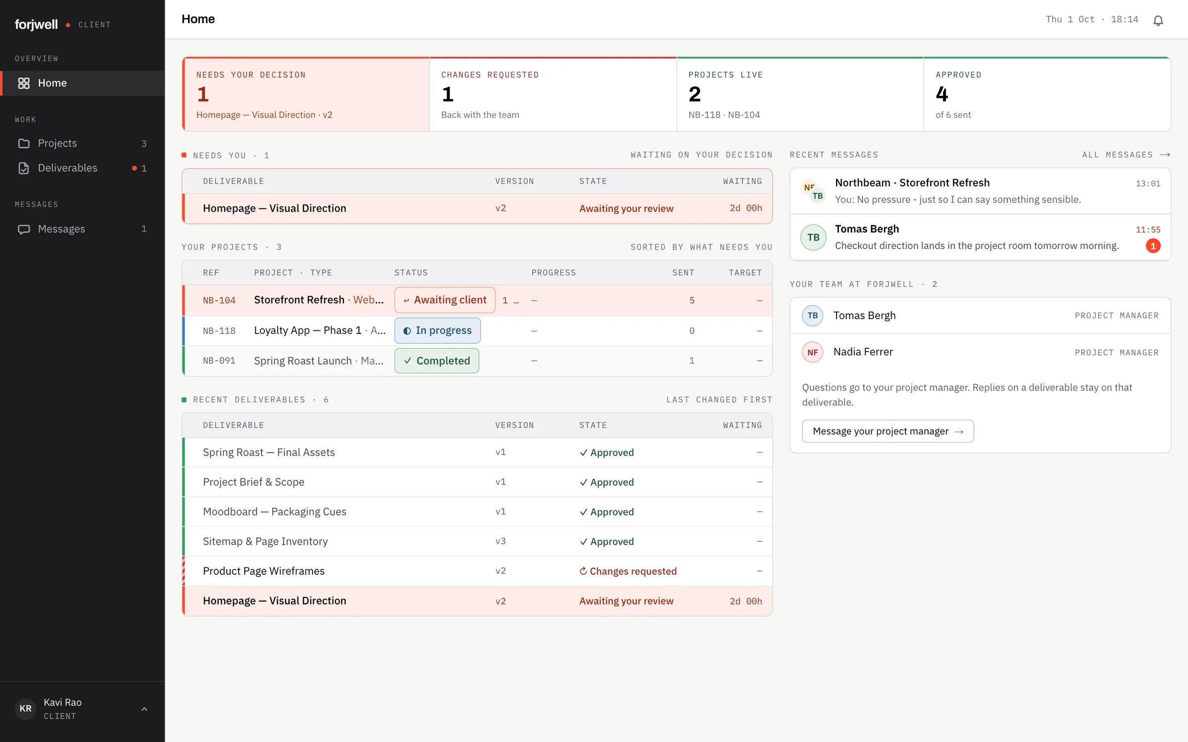 Client portal home: decisions needed, projects, recent deliverables and the client's team