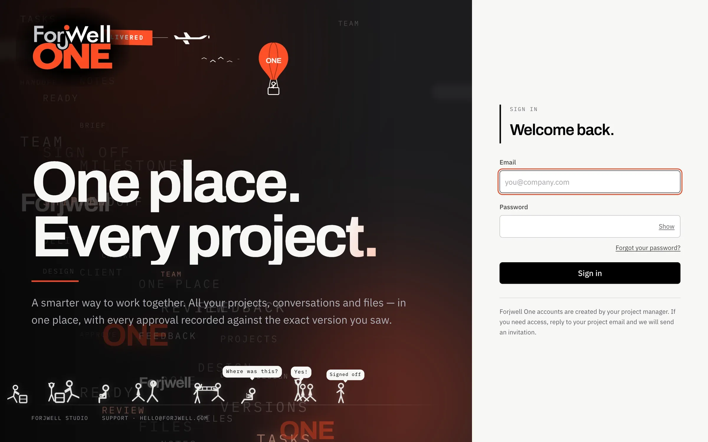 Forjwell One sign-in: the brand panel headed One place. Every project. beside the Welcome back form