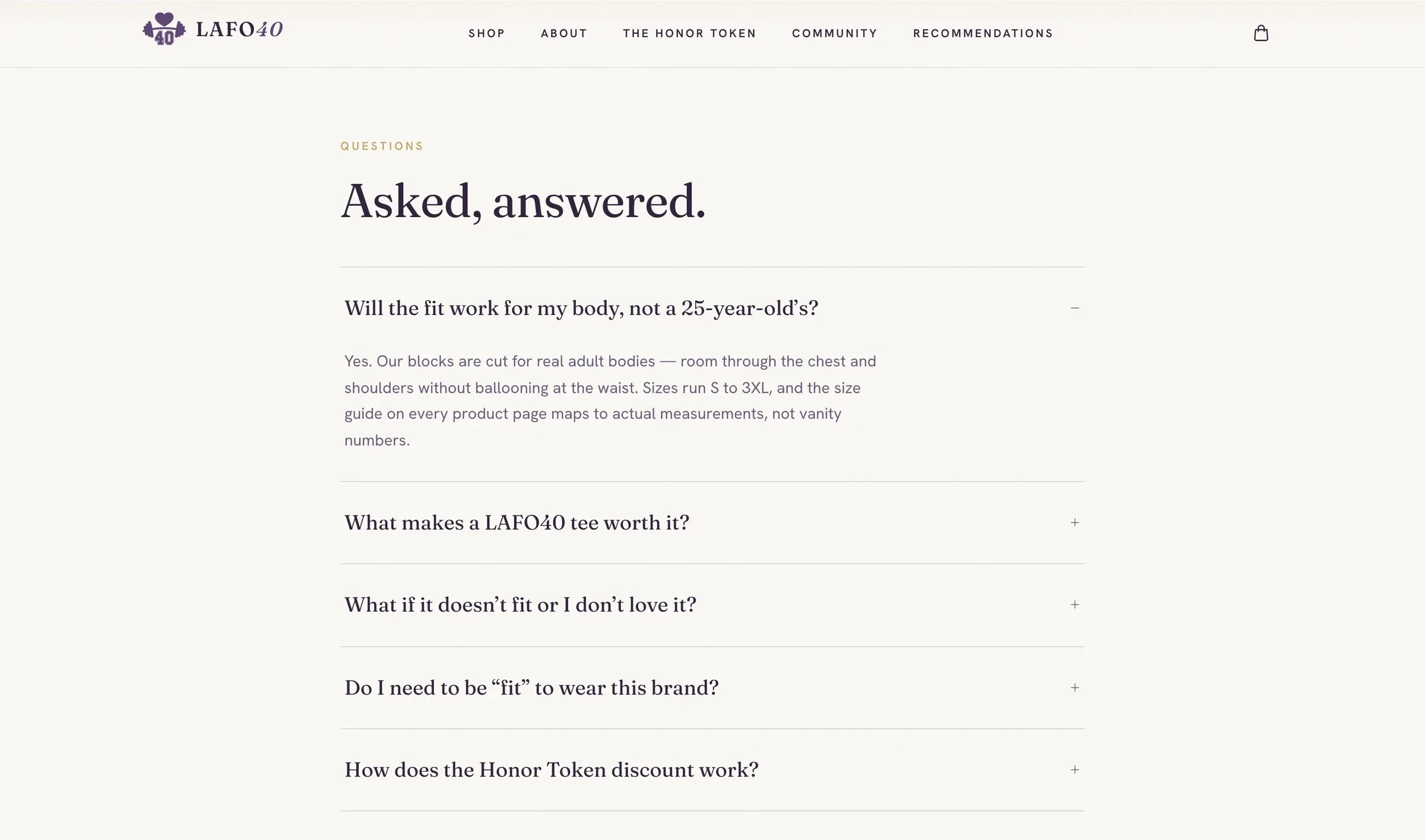 Home page FAQ, Asked, answered., with the fit question expanded