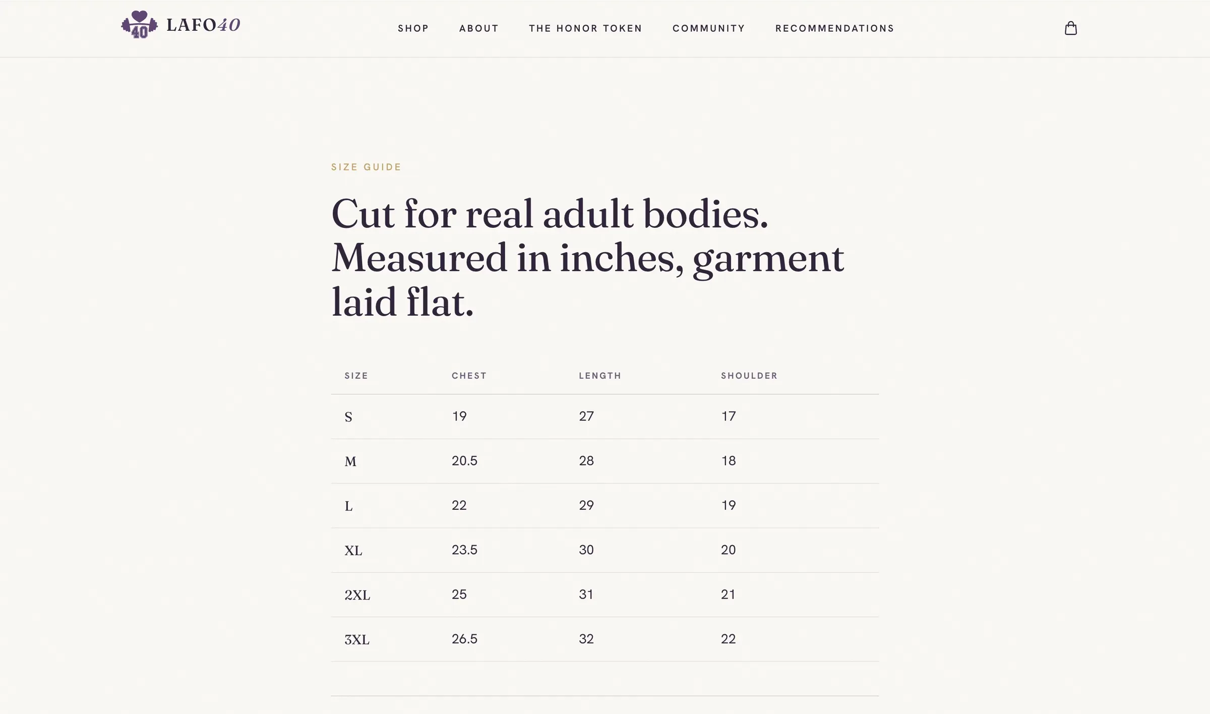 Size guide measured in inches with a chest, length and shoulder table from S to 3XL