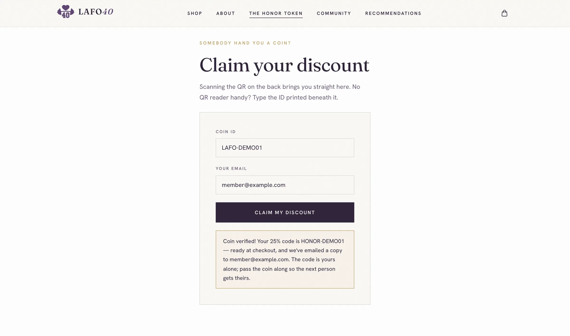Claim your discount: a demo coin ID verified, with the code ready at checkout