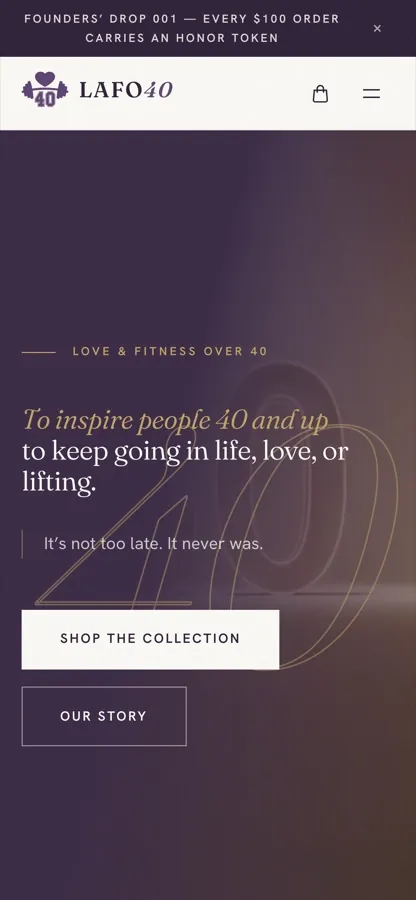 The LAFO40 store on a phone, with the Love & Fitness Over 40 hero at mobile width