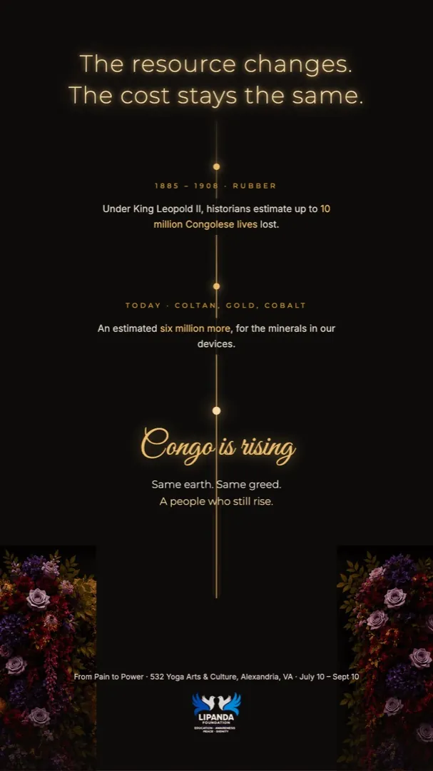 Vertical timeline setting rubber under King Leopold II, 1885 to 1908, against coltan, gold and cobalt today, headed The resource changes. The cost stays the same.