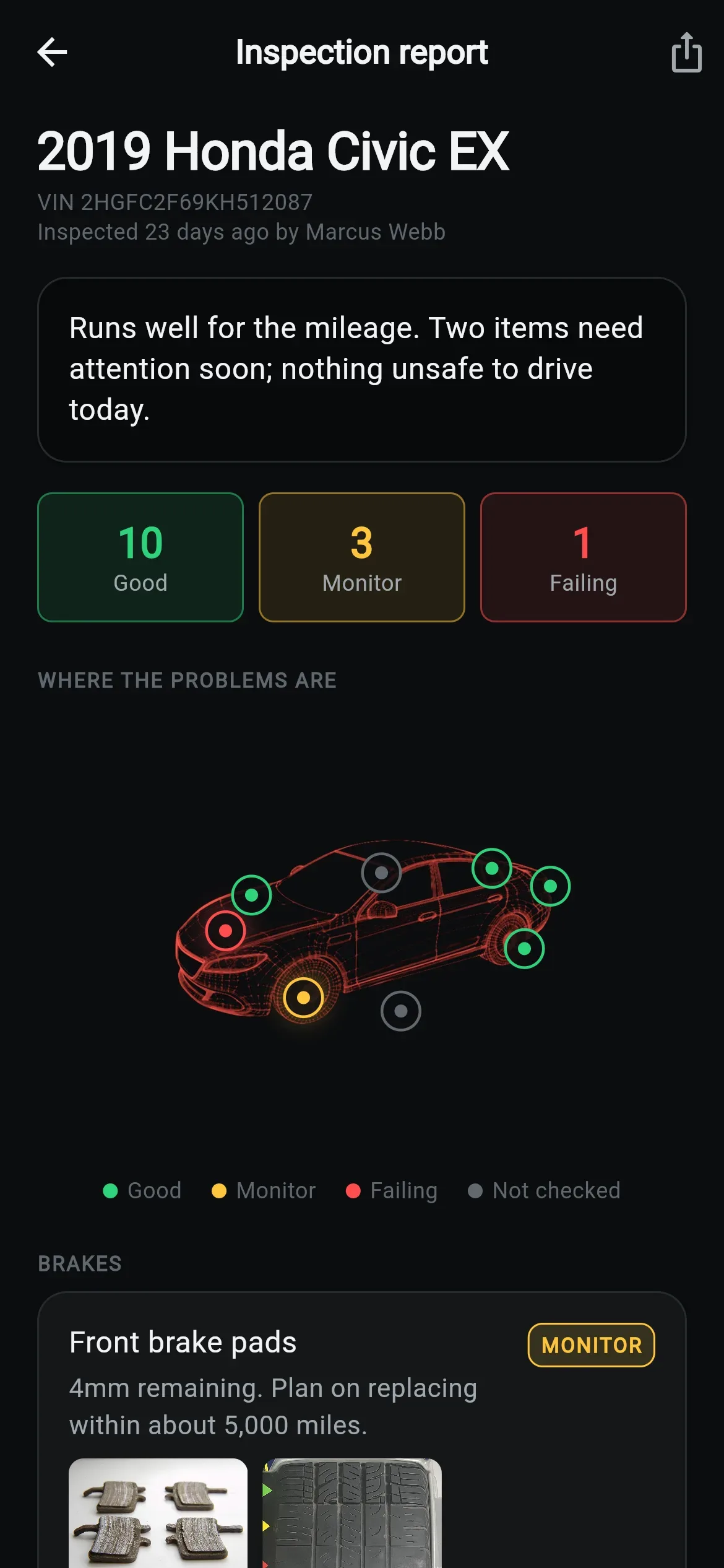 Inspection report for a 2019 Honda Civic EX: 10 good, 3 monitor, 1 failing, shown on a car diagram