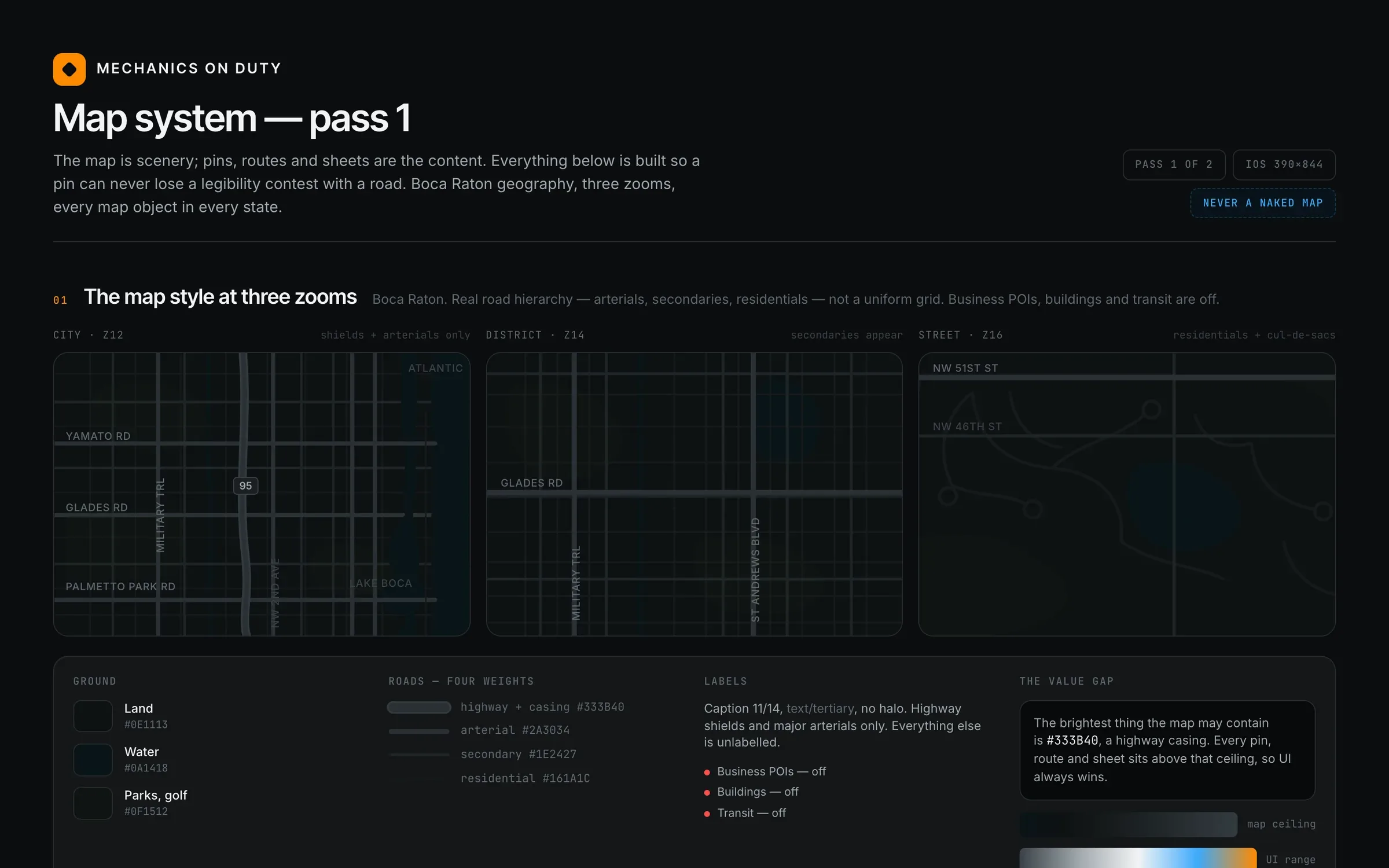 Mechanics on Duty map system: a dark map style at city, district and street zoom