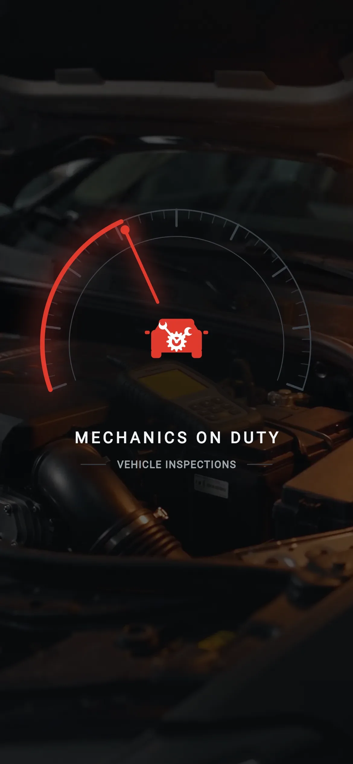 Mechanics on Duty splash: the red gauge with the car-and-gear mark over an engine bay