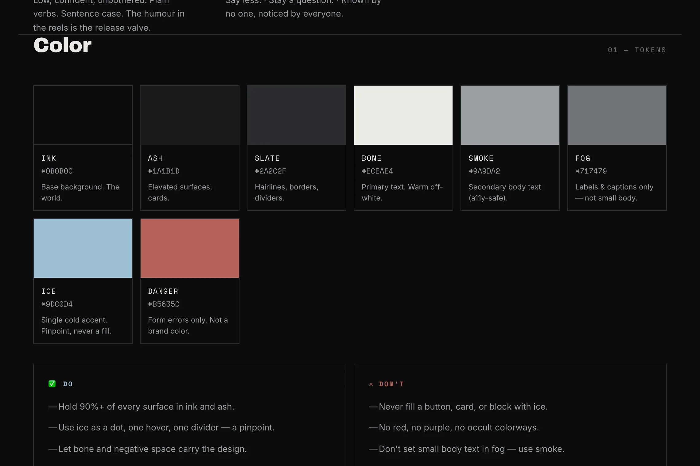 Design system colour tokens with hex values, usage notes and do and don't rules