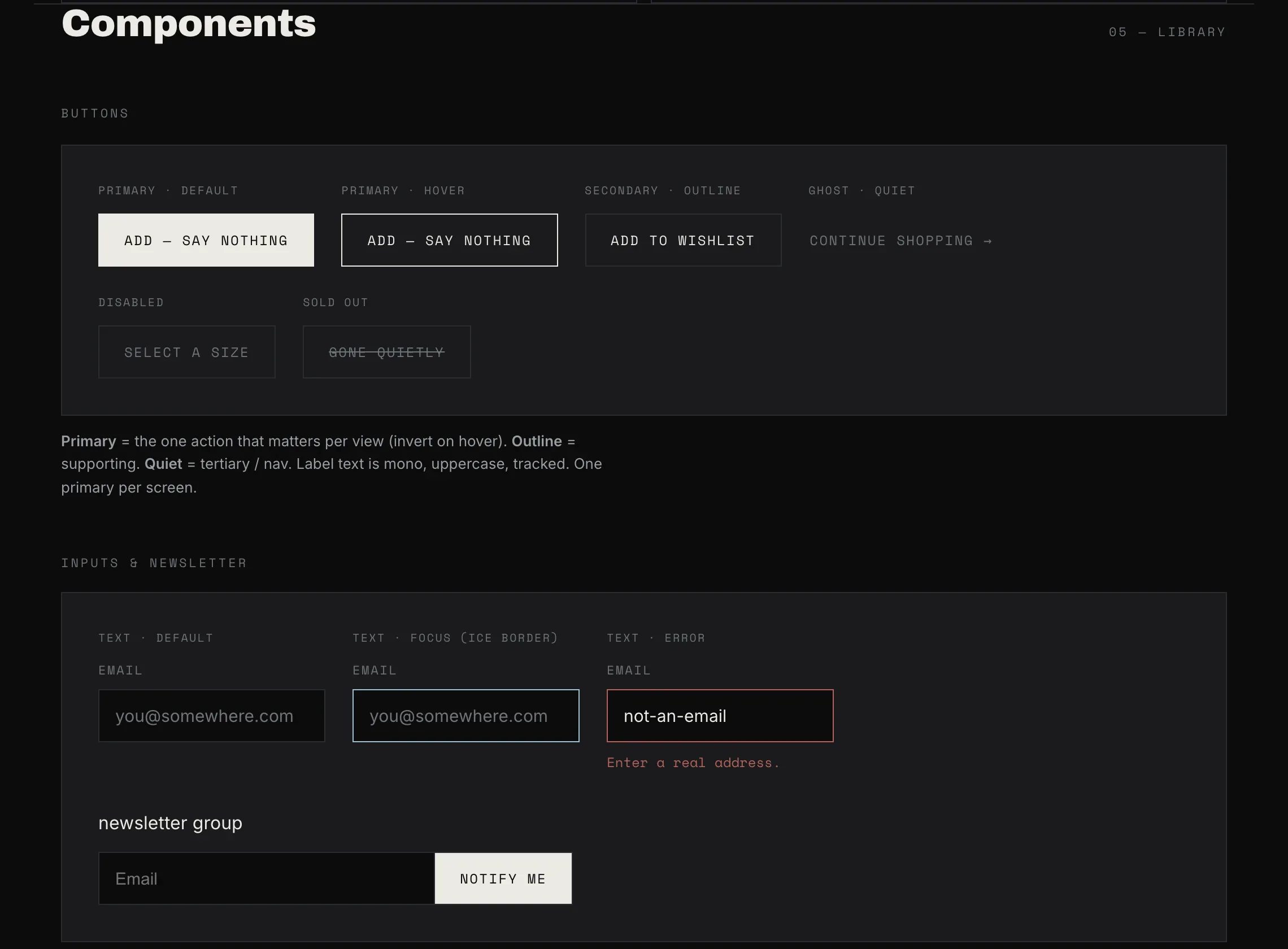 Design system components: button states and email input states