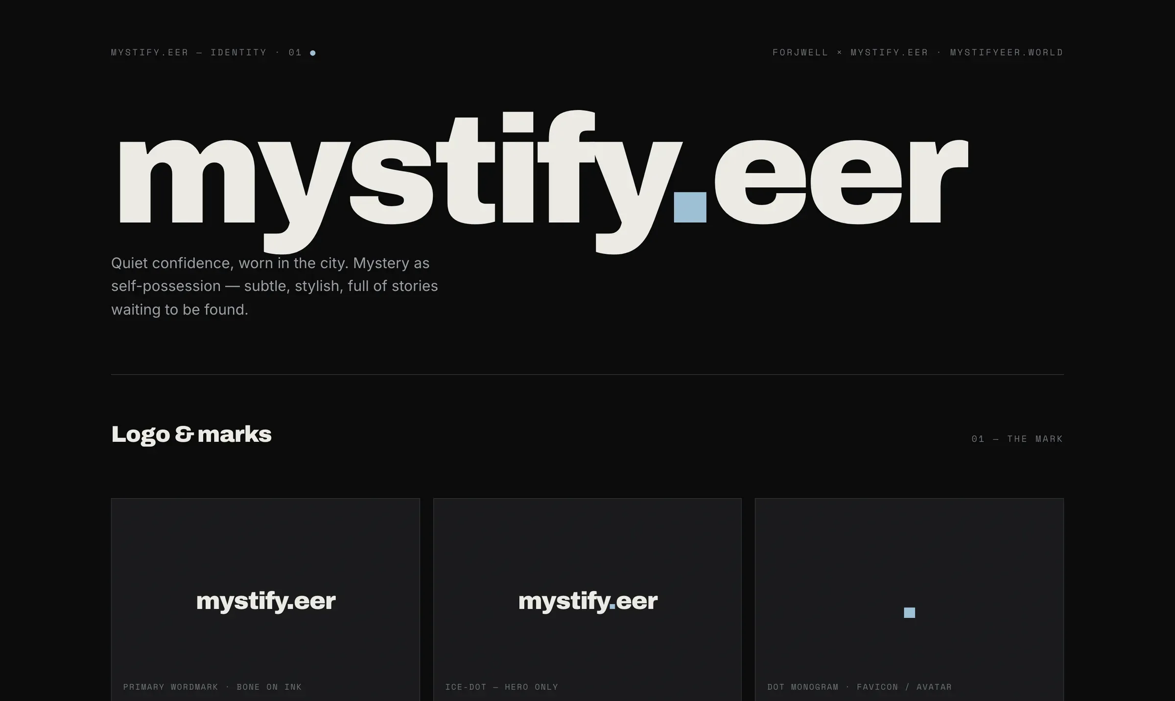 Brand identity sheet with the oversized mystify.eer wordmark and logo variants
