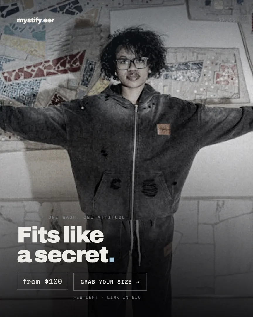 A model in an oversized washed jacket and trousers, headlined Fits like a secret, priced from $100