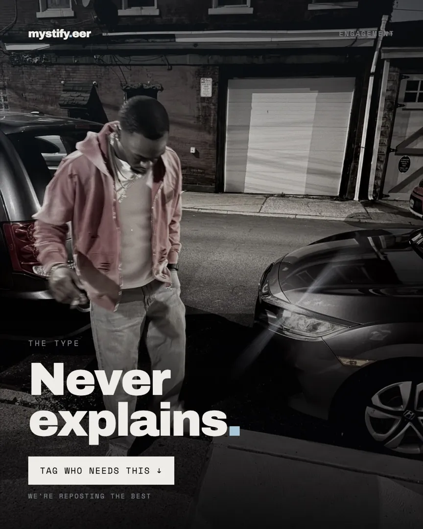 Night street shot of a model in a pink hooded jacket between parked cars, headlined Never explains