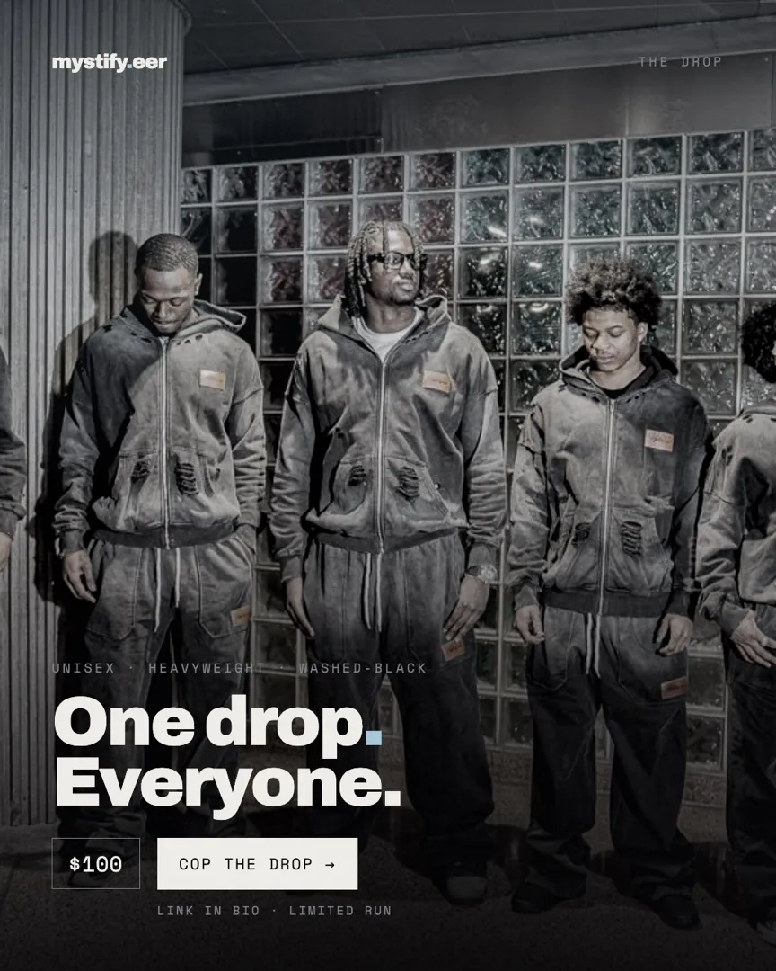 Group shot headlined One drop. Everyone., labelled unisex heavyweight washed-black