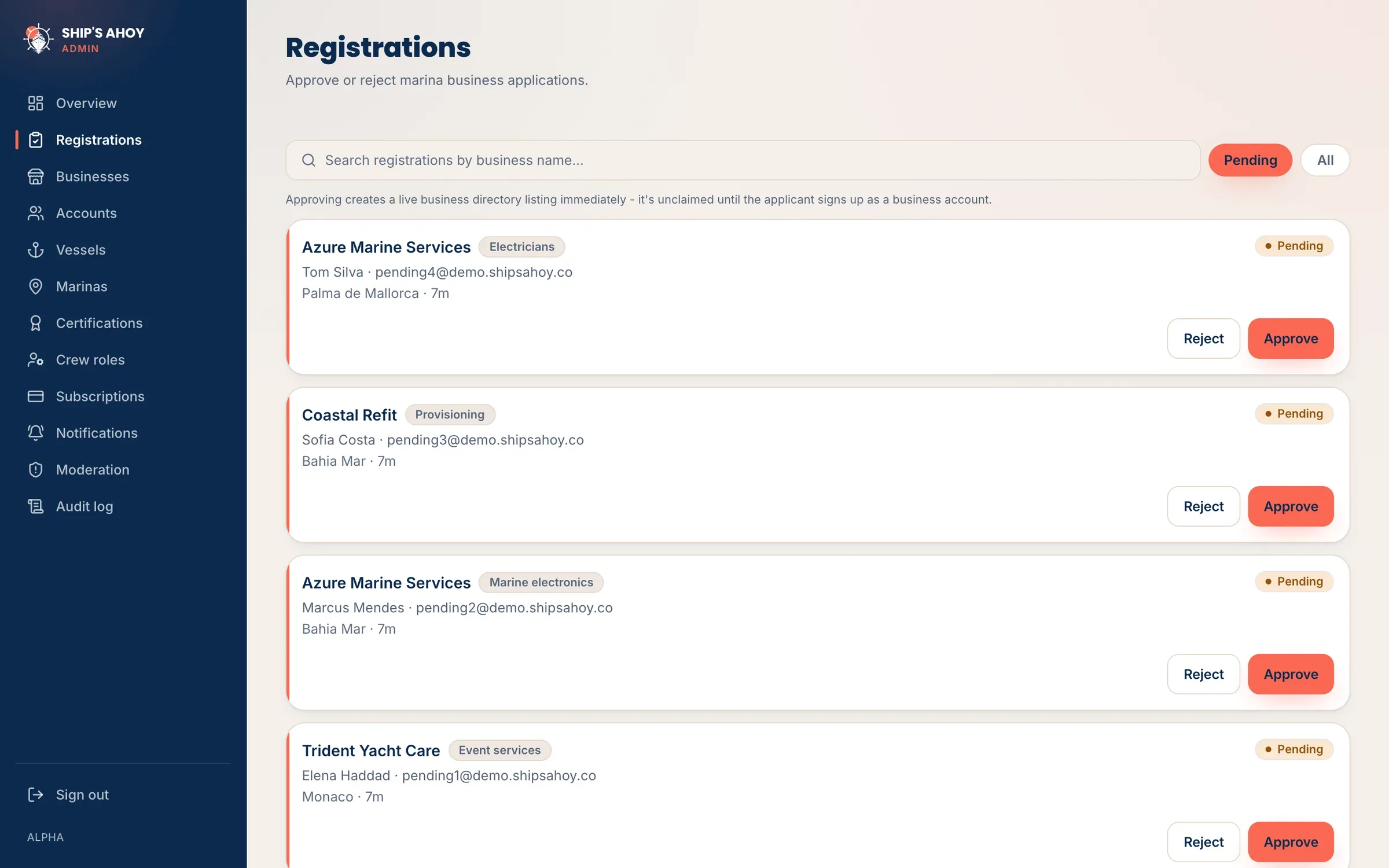 Admin registrations queue of marina business applications with Approve and Reject buttons