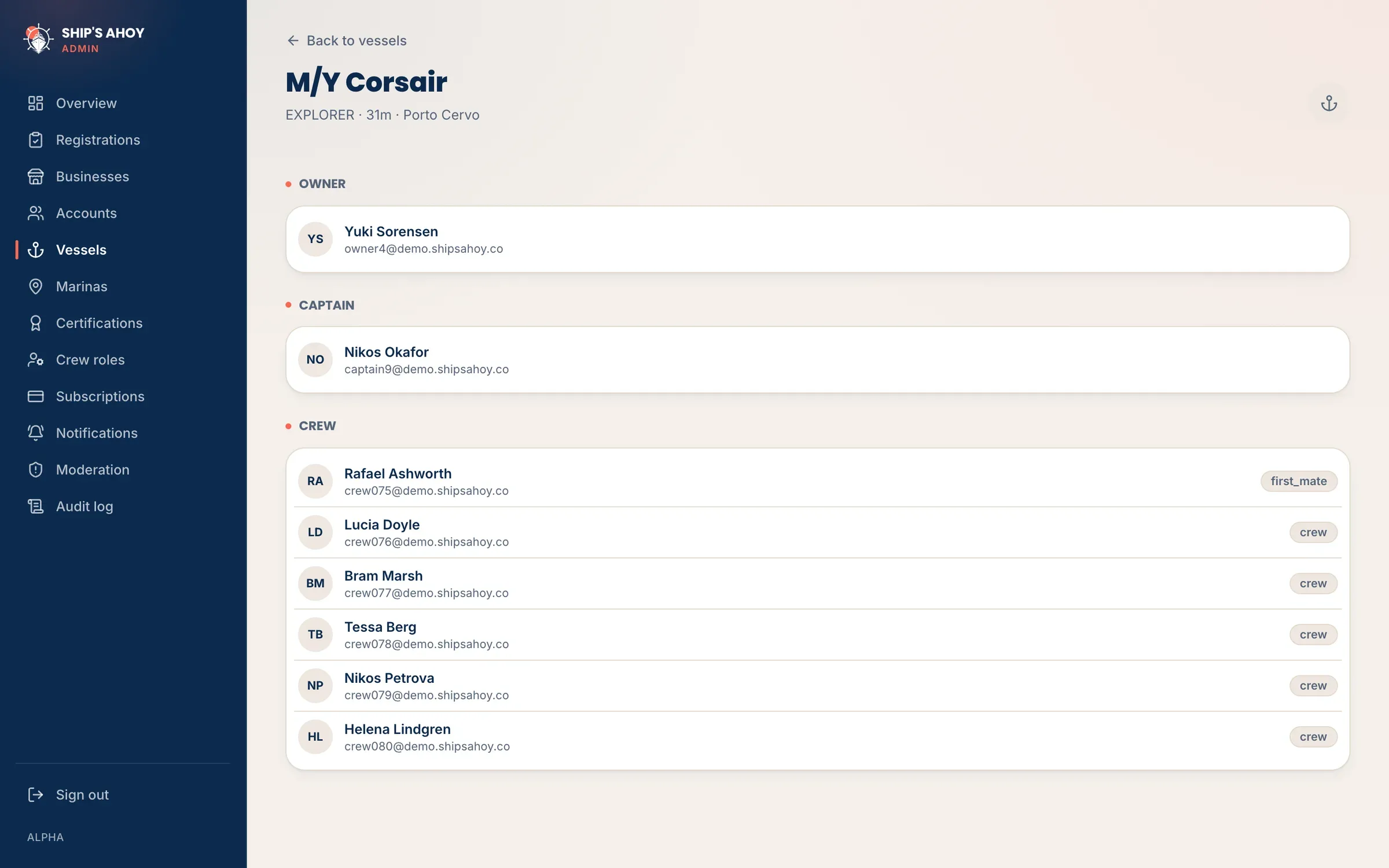Admin vessel detail for M/Y Corsair listing the owner, captain and crew with role tags