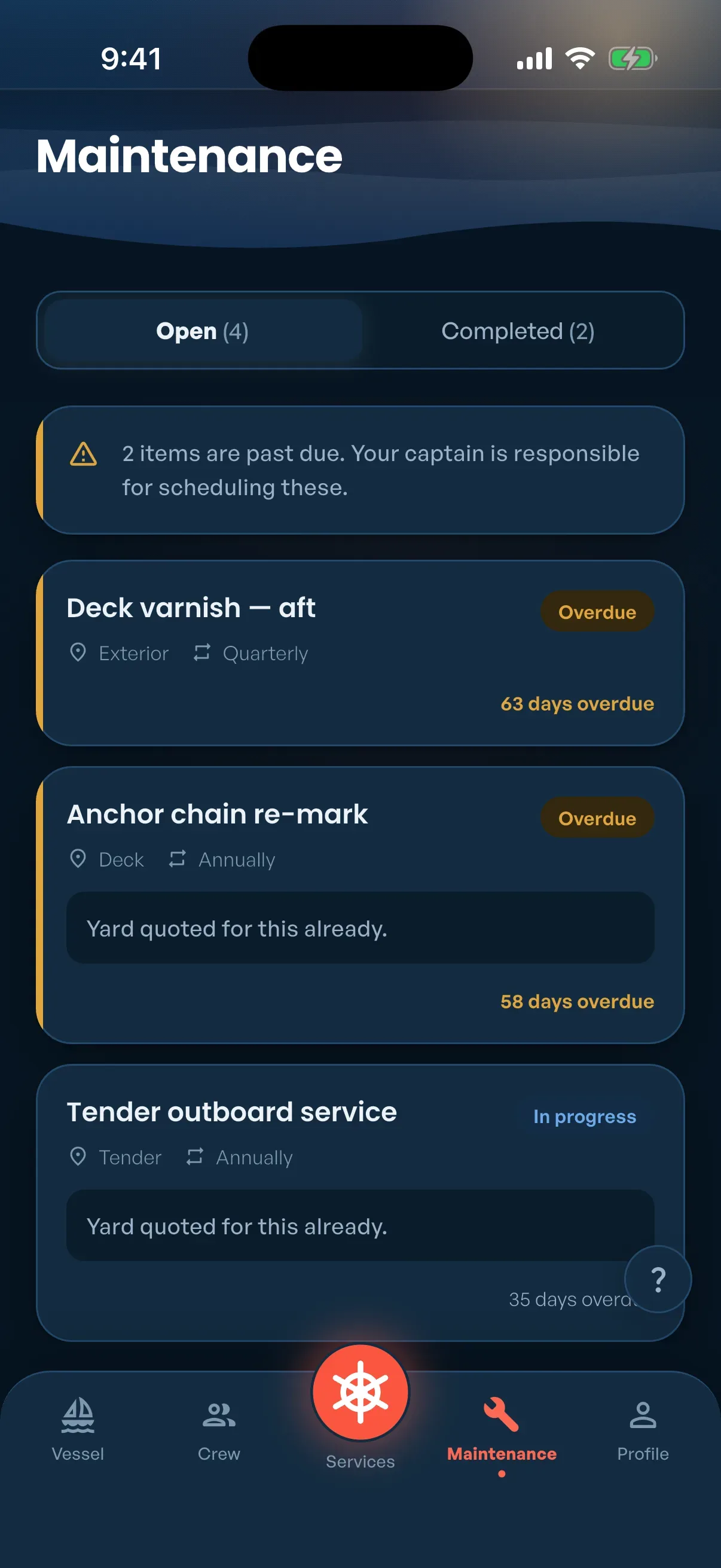 Ship's Ahoy app maintenance screen with open tasks, two flagged overdue