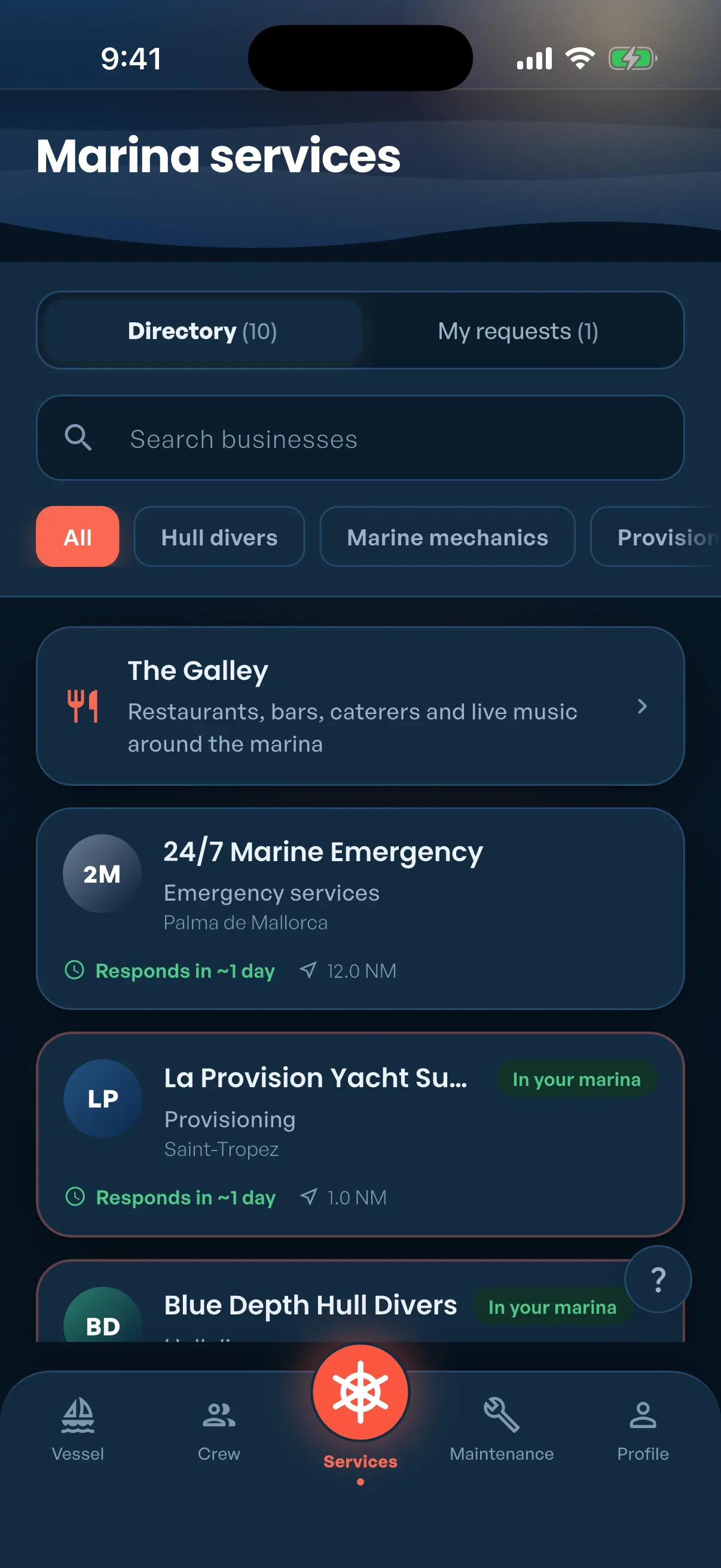 Ship's Ahoy app marina services directory with search, categories and response times