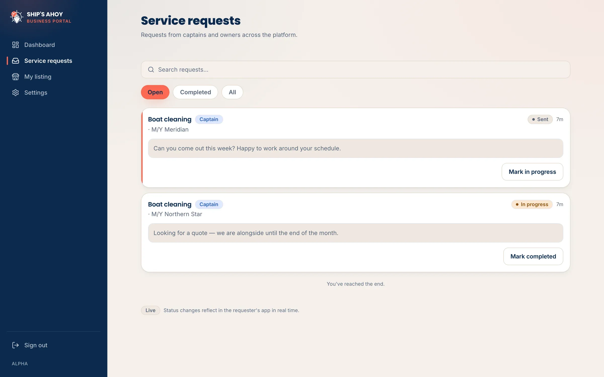 Business portal service requests: boat-cleaning requests from captains with Mark in progress and Mark completed actions