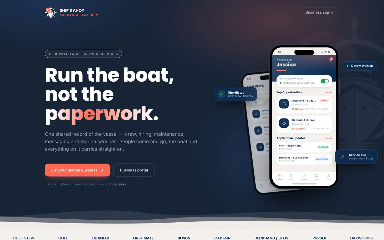 Ship's Ahoy home page headed Run the boat, not the paperwork, with the crew app shown on a phone