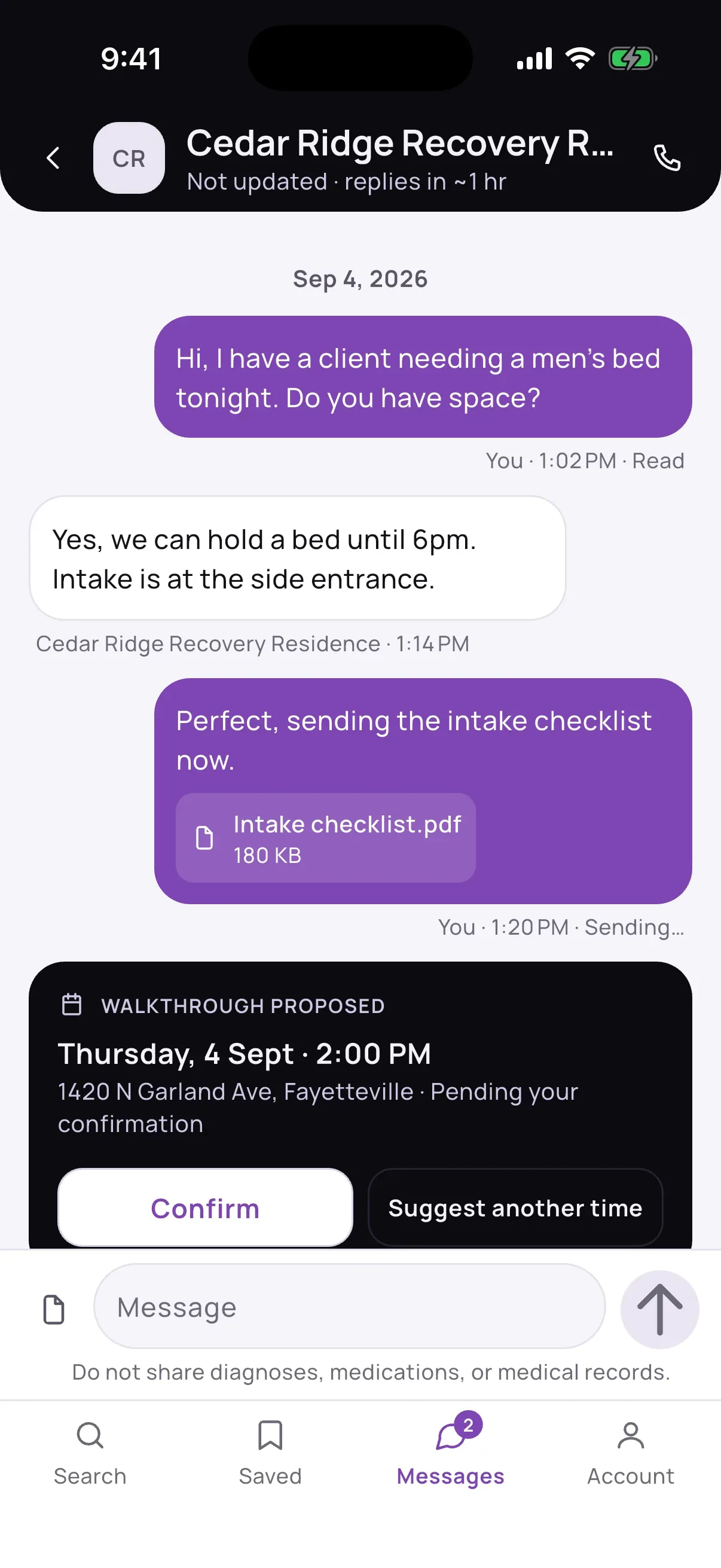 UNDN message thread between a case manager and a facility, with a reminder not to share medical records