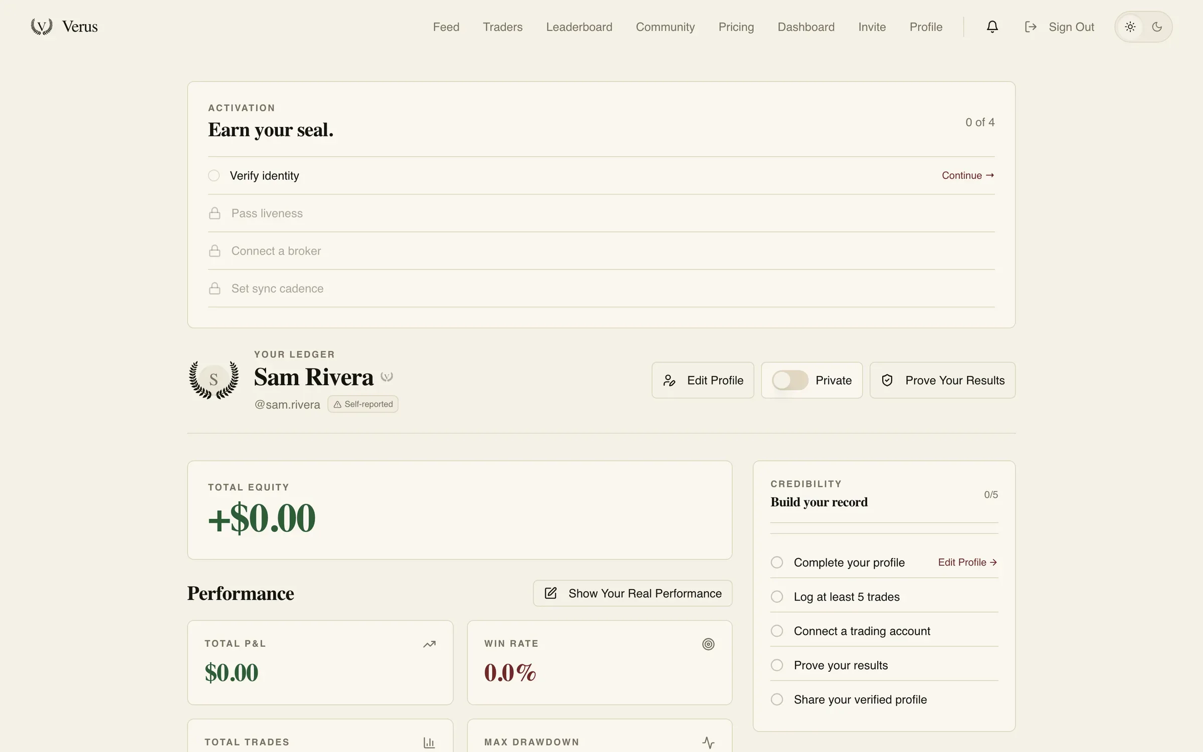 Verus new-account dashboard with the Earn your seal activation checklist at 0 of 4