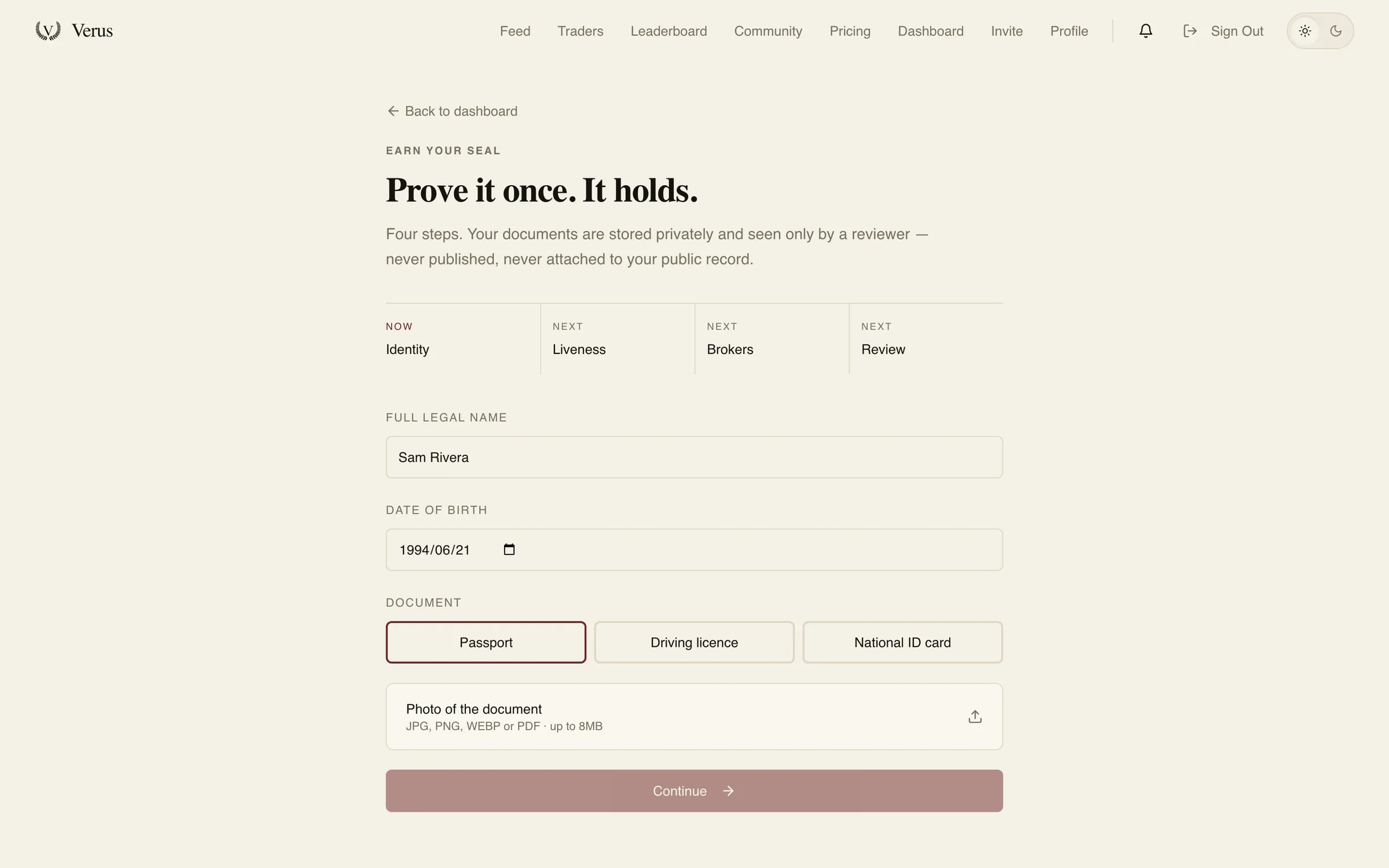 Verus verification flow, step 1 of 4: identity, with document type and upload