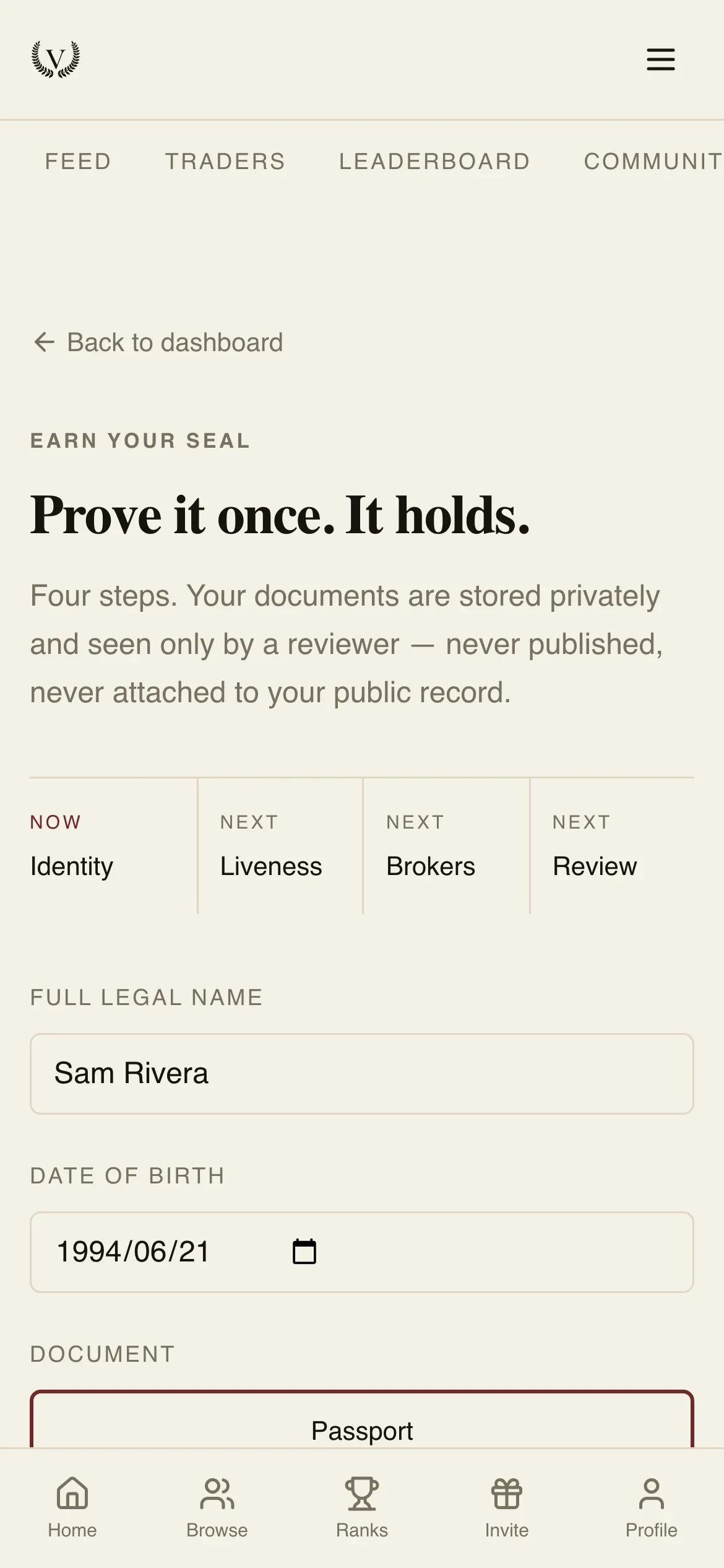 Verus identity verification step on a phone with the four-step progress row